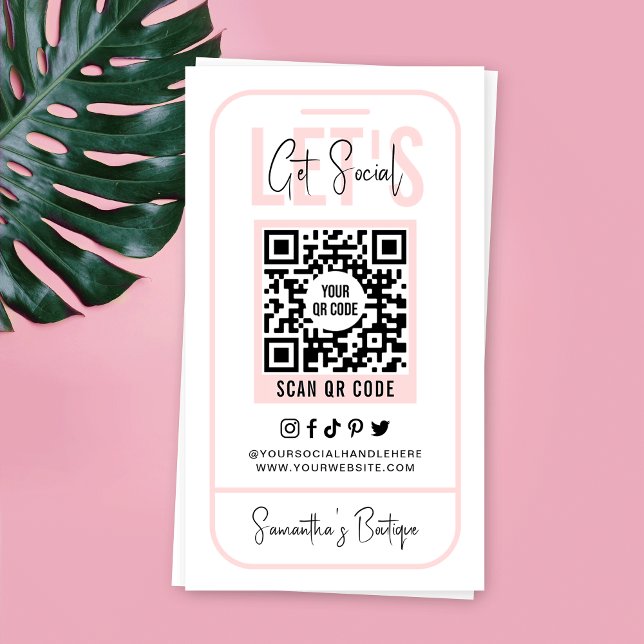 Carte De Visite Médias sociaux QR Code féminin rose moderne (Trendy QR code business cards in blush pink and white with phone outline design and editable text)