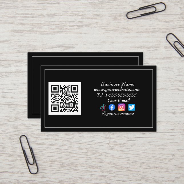 Carte De Visite Médias sociaux QR Code Logo Black Influencer Moder (Devant/Arrière en situation)