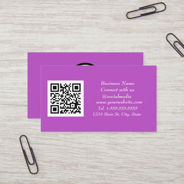 Carte De Visite Médias sociaux QR Code scanner violet moderne mode (Devant/Arrière en situation)