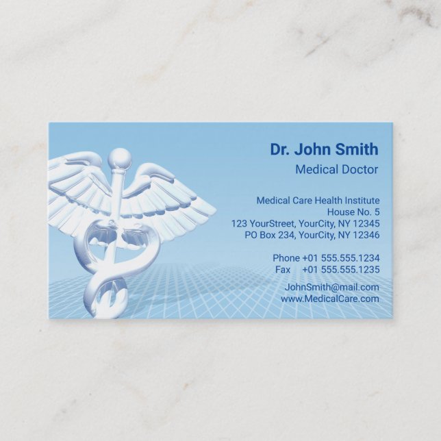 Carte De Visite Médicale blanc 3D Caduceus Blue Design (Devant)