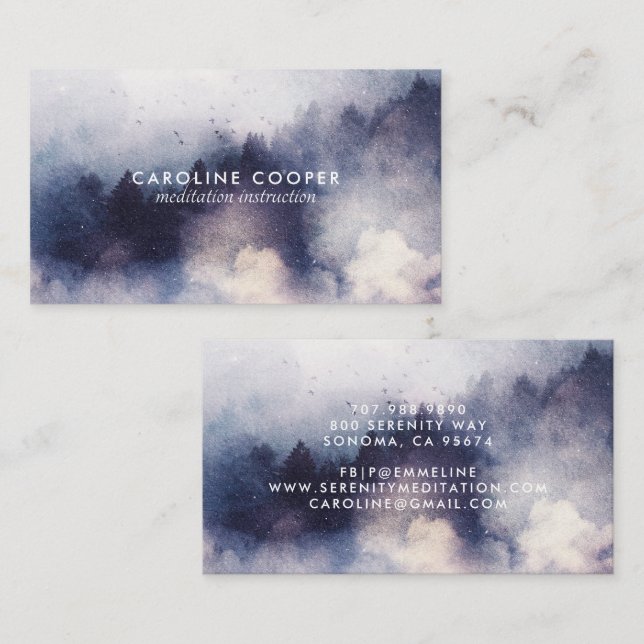Carte De Visite Méditation serene Instructeur Mist Trees Aquarelle (Devant / Derrière)