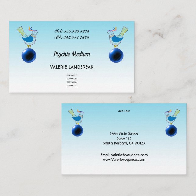Carte De Visite Médium Psychique, Boule de Cristal Bleue & Oiseaux (Devant / Derrière)