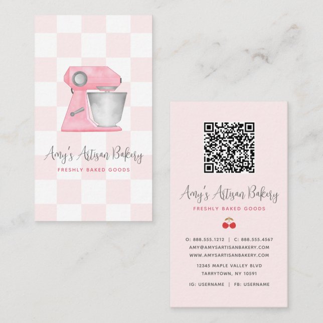 Carte De Visite Mélangeur de boulangerie rose Blush Code QR à moti (Devant / Derrière)
