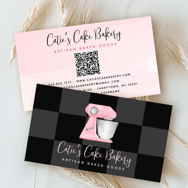 Carte De Visite Mélangeur de boulangerie rose blush Code QR Damier (Créateur téléchargé)