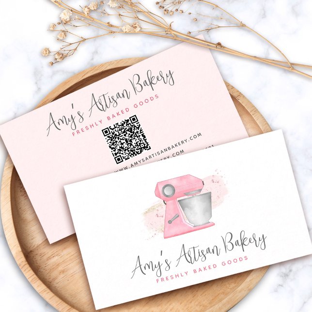 Carte De Visite Mélangeur de boulangerie rose Blush Code QR Pâtiss (Créateur téléchargé)