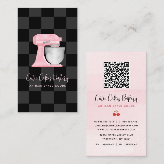 Carte De Visite Mélangeur de cuisine Rose Pâle à Damier Noir Code  (Devant / Derrière)