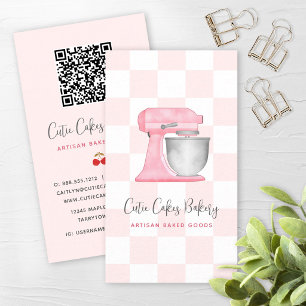 Carte De Visite Mélangeur de cuisine rose pastel Code QR à carreau