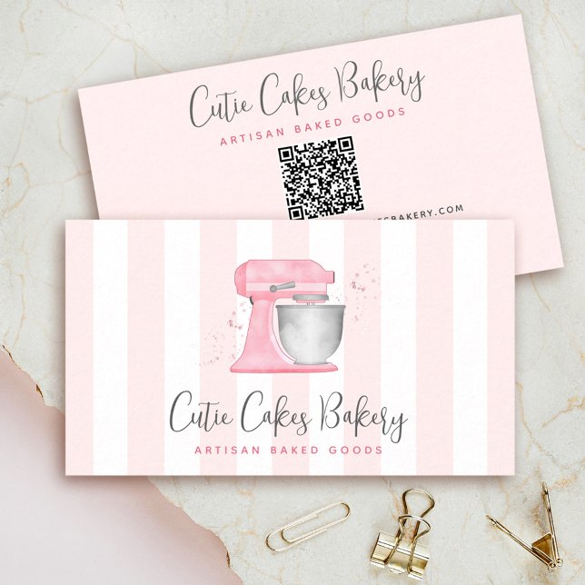 Carte De Visite Mélangeur de cuisine rose pastel Code QR Rayures B (Créateur téléchargé)