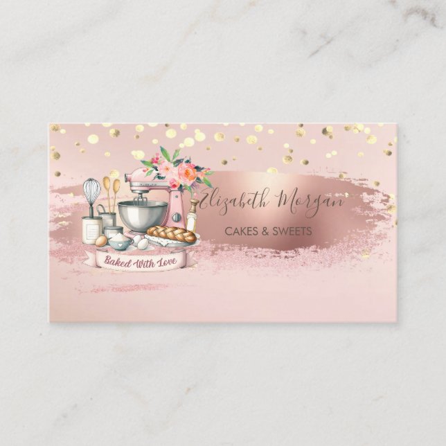 Carte De Visite Mélangeur de gâteau Fleur, Confettis dorés, Coup d (Devant)