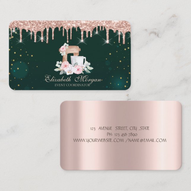 Carte De Visite Mélangeur Fleurs Rose Gold Drips Vert  (Devant / Derrière)