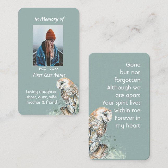 Carte De Visite Mémoire mémorial aquarelle Barn Owl Bird (Devant / Derrière)