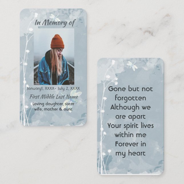 Carte De Visite Mémoire mémoriale dragonfly White Flower (Devant / Derrière)