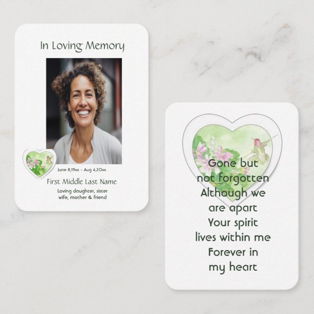 Carte De Visite Mémorial, Célébration de la vie, Service Hummingbi (Devant / Derrière)