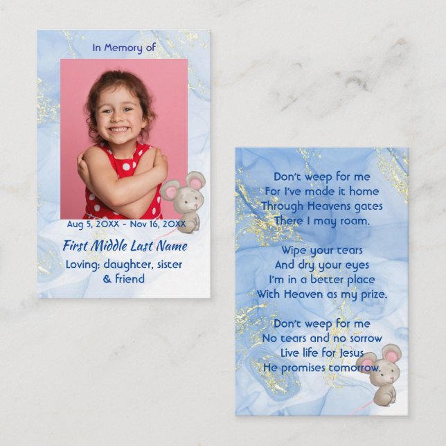 Carte De Visite Memorial Keepsake Cute Little Mouse Children   (Devant / Derrière)