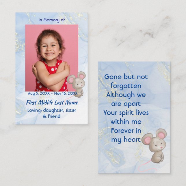 Carte De Visite Memorial Keepsake Cute Little Mouse Children   (Devant / Derrière)