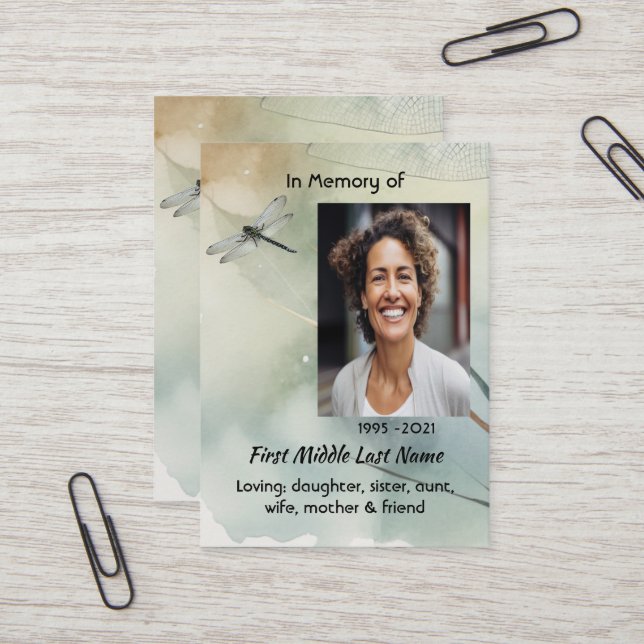 Carte De Visite  Memorial Keepsake Dragonfly Business (Devant/Arrière en situation)