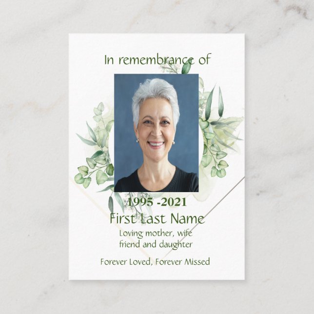 Carte De Visite Memorial Photo Green Feuilles Botanical Greenery B (Dos)