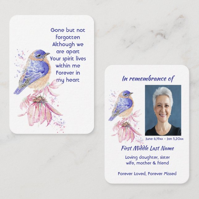 Carte De Visite Memorial Photo Poem Bluebird Garden Bird (Devant / Derrière)