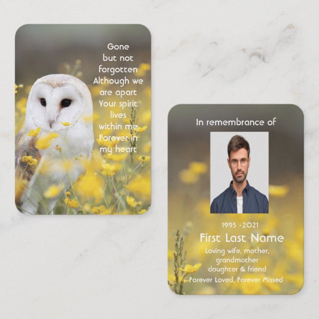 Carte De Visite Memorial Photo prière Barn Owl Bird Nature (Devant / Derrière)