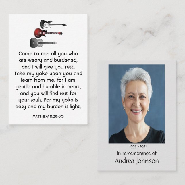 Carte De Visite Mémorial Photo Prière Musicien Guitare Musique (Devant / Derrière)