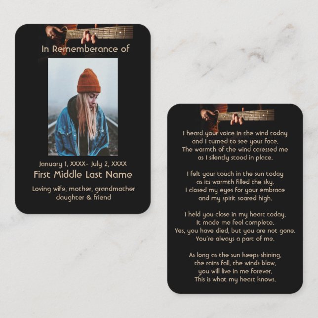 Carte De Visite Memorial Pocket Keepsaké musique guitare (Devant / Derrière)