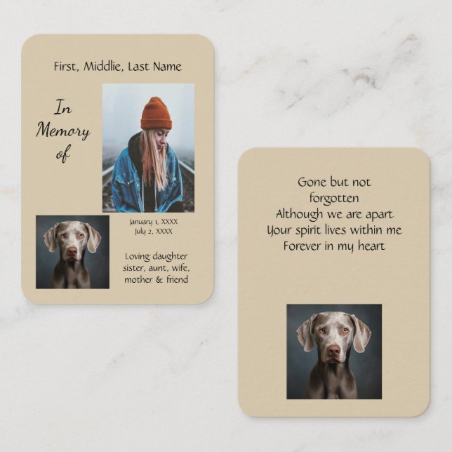 Carte De Visite Memorial Poket Keepsaké Weimaraner Chien (Devant / Derrière)