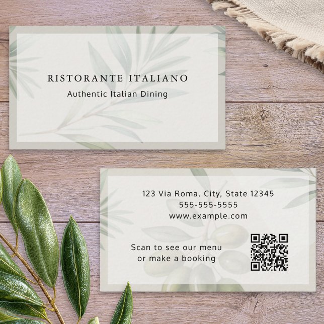 Carte De Visite Menu QR Code Moderne Élégant pour Restaurant Itali (A customizable business card template for an Italian restaurant, with olives design and QR code)