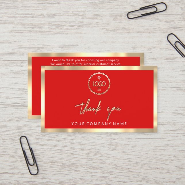 Carte De Visite Merci Business Insertion Logo Gold Frame Rouge (Devant/Arrière en situation)