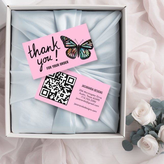 Carte De Visite Merci de papillons pour votre commande de code QR (Fun butterfly thank you business cards with QR code)