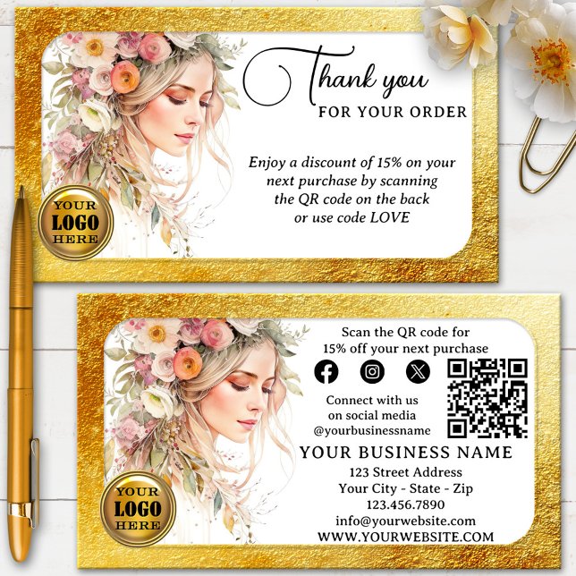 Carte De Visite Merci de votre commande Glam Féminin (Glam Thank You for your order business card showing a watercolor design with gold glitter - QR code)