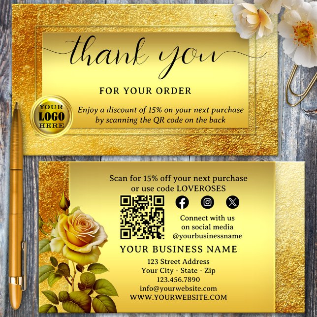 Carte De Visite Merci Logo Parties scintillant Or Pour Votre Comma (Thank you for your order business card featuring a gold glitter design with social media and QR code)