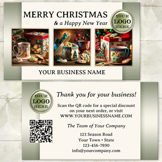 Carte De Visite Merci Photo Noël Pour Votre Entreprise (Green ivory photo Christmas Holidays Thank You business card with logo and QR code templates)
