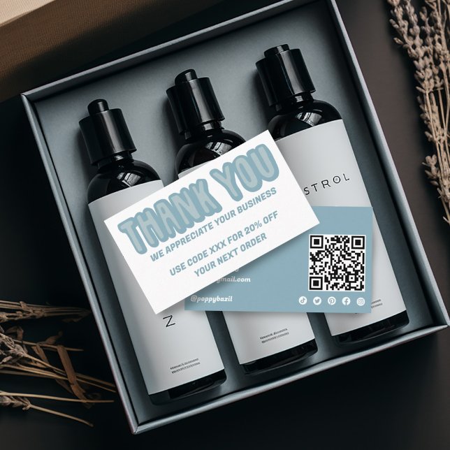 Carte De Visite Merci pour commander des icônes sociales QR Code B (Hand lettered thank you notes with discount code, custom QR code, social media icons)