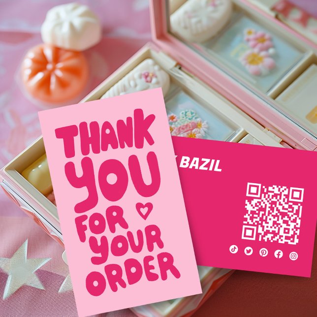 Carte De Visite Merci pour commander des icônes sociales QR Code r (Thank You for Order Social Icons QR Code Pink Cute Handlettering Girly Business Card)