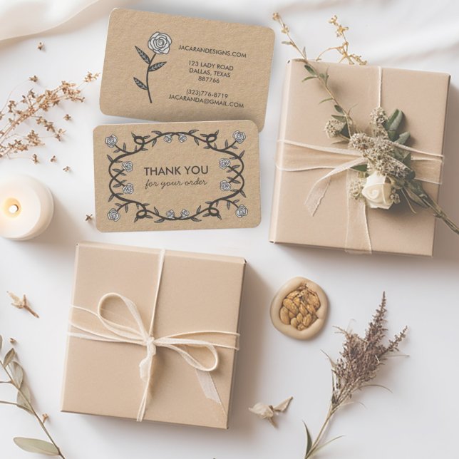 Carte De Visite MERCI pour ORDER Chic Elegant Rose Frame Kraft (Sweet roses frame kraft business cards thank you for your order cards)