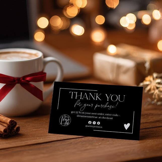 Carte De Visite Merci pour votre commande de script boho noir et b (Boho script order black white thank you business card)