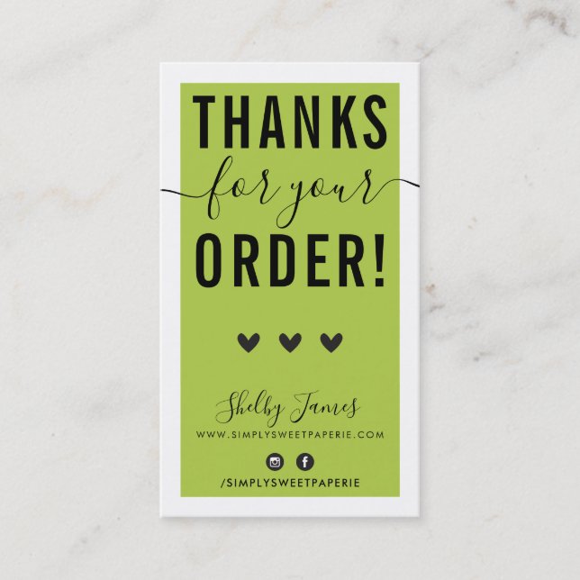 Carte De Visite MERCI POUR VOTRE COMMANDE insérer gras vert citron (Devant)