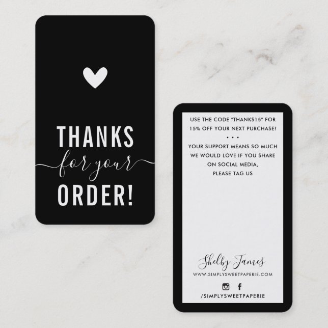 Carte De Visite MERCI POUR VOTRE COMMANDE insérer moderne BLACK WH (Devant / Derrière)