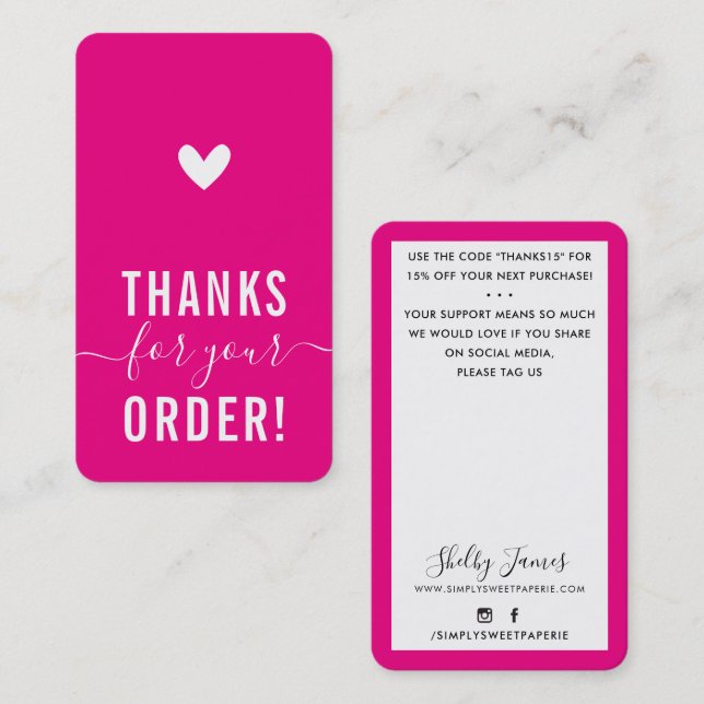 Carte De Visite MERCI POUR VOTRE COMMANDE insérez le ROSE CHAUD mo (Devant / Derrière)