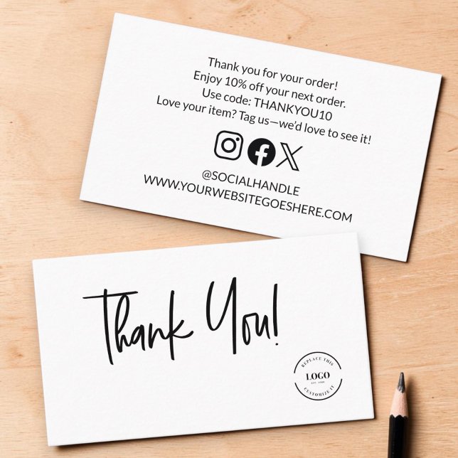 Carte De Visite Merci pour votre commande Texte personnalisable So (Customizable thank you for your order business card size insert offer and social handle card.)
