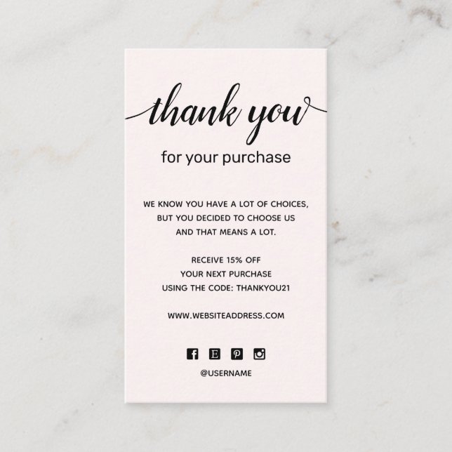 Carte De Visite Merci rose simple pour votre achat (Devant)