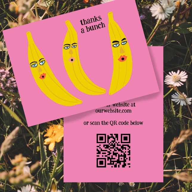 Carte De Visite MERCI UN BUNCH Funny Bananes ORDER MERCI QR (THANKS A BUNCH Funny Bananas ORDER THANK YOU QR Code Custom Pink Bold Business Card)