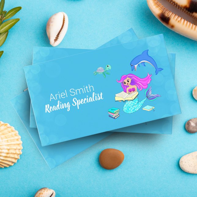 Carte de visite Mermaid Étincelante Lecture (Immerse yourself in a sea of knowledge with our Sparkling Mermaid Bookworm Business Card!)