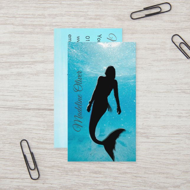Carte De Visite Mermaid Silhouette Bleue Océan QR Code Professionn (Devant/Arrière en situation)