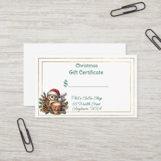 Carte De Visite Merry Christmas Coffee Shop Gift Certificate (Devant/Arrière en situation)