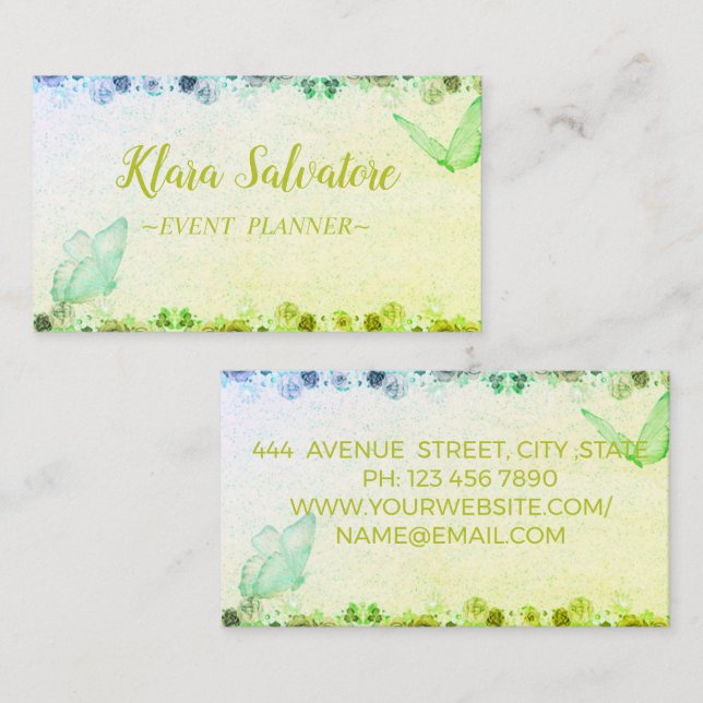 Carte De Visite Merveilleux Extraordinaire doux vert avec papillon (Devant / Derrière)