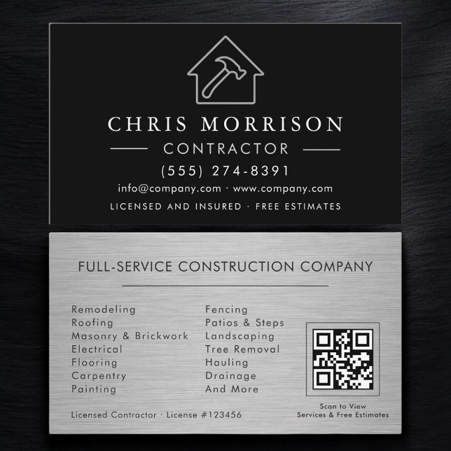 Carte De Visite Metal Building Construction Black Silver QR Code (Créateur téléchargé)