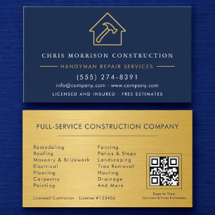 Carte De Visite Métal Or Bleu Marine Code QR Construction Bricoleu