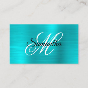 Carte De Visite Métal Turquoise Bleu Foil Fancy Monogramme