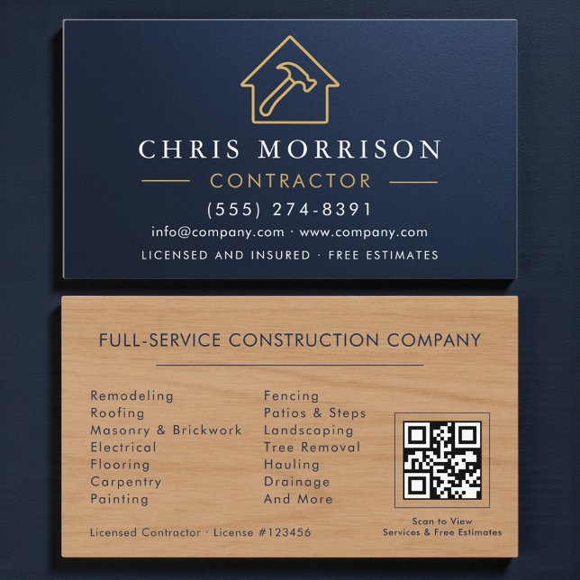 Carte De Visite Metallic Building Construction Navy Blue QR Code (Créateur téléchargé)